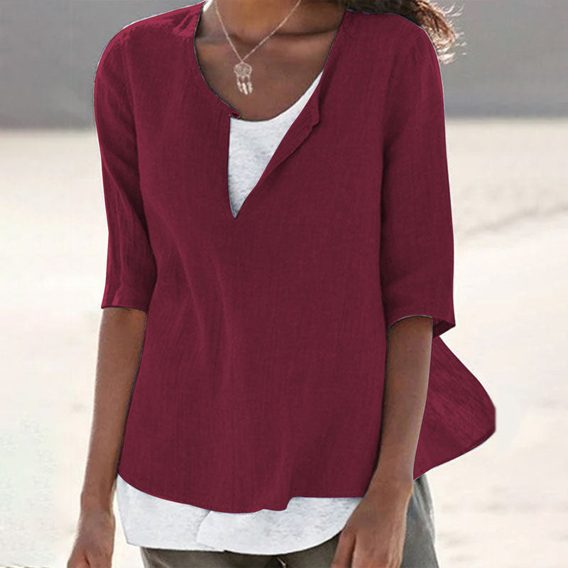 Macymars™ Fashion V Neck Solid Color Cotton And Linen Casual Women's Shirt