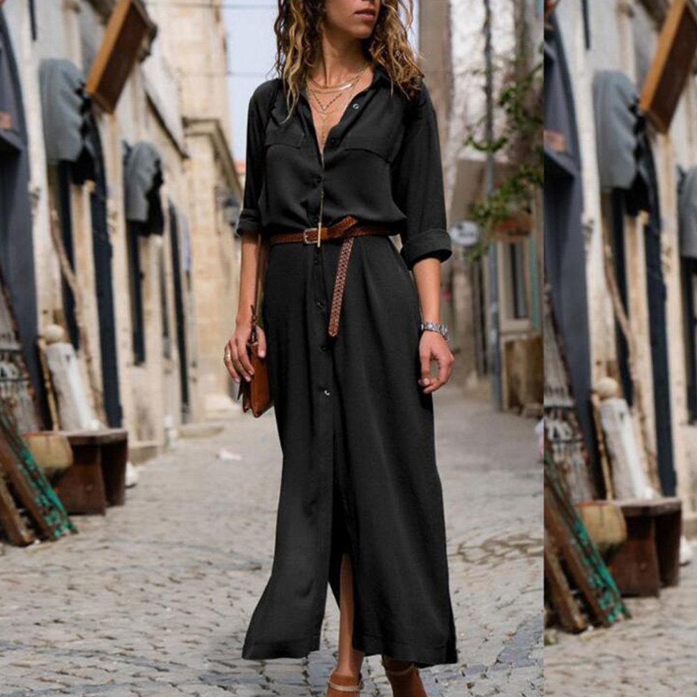Macymars™ Summer and Autumn Deep V Long Sleeve Solid Women Maxi Dress