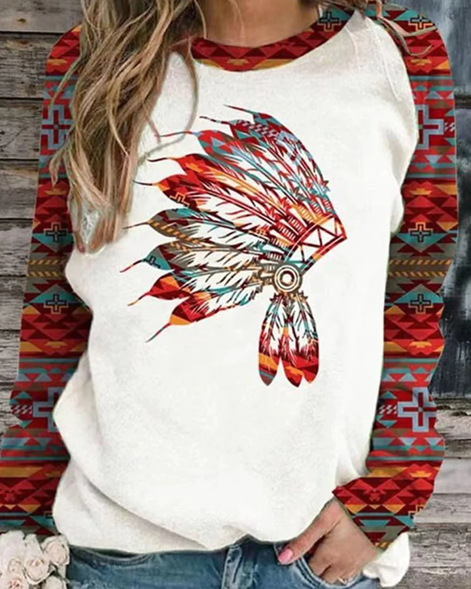 Macymars™ Women Retro Print Crew Neck Long Sleeve Sweatshirt Top