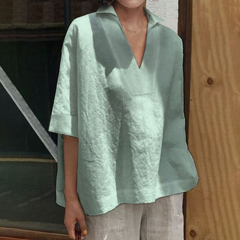 Macymars™ V Neck Versatile Cotton Linen Solid Color Loose Women's Shirt