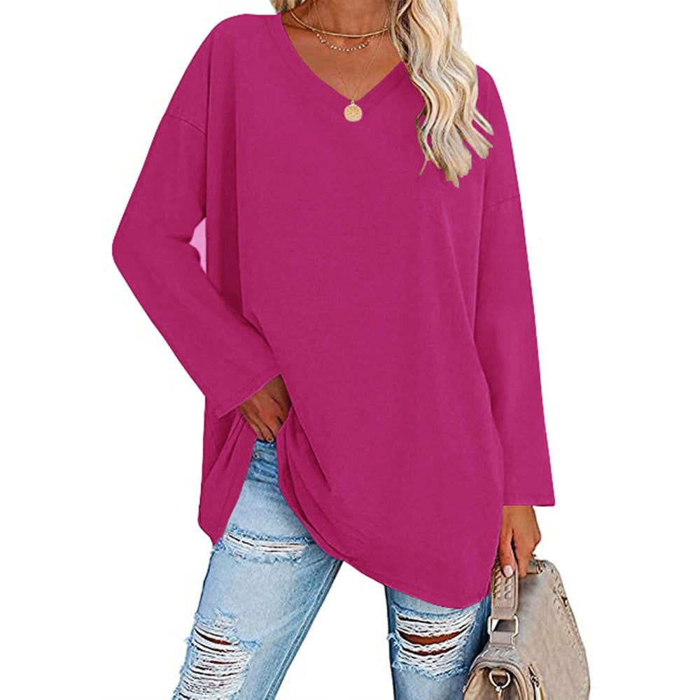 Macymars™ Women's Solid Color Fashion V-Neck Loose Long Sleeve T-Shirt