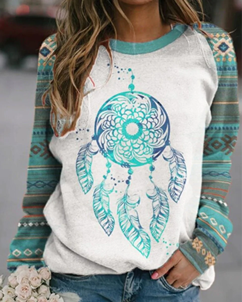 Macymars™ Women Retro Print Crew Neck Long Sleeve Sweatshirt Top