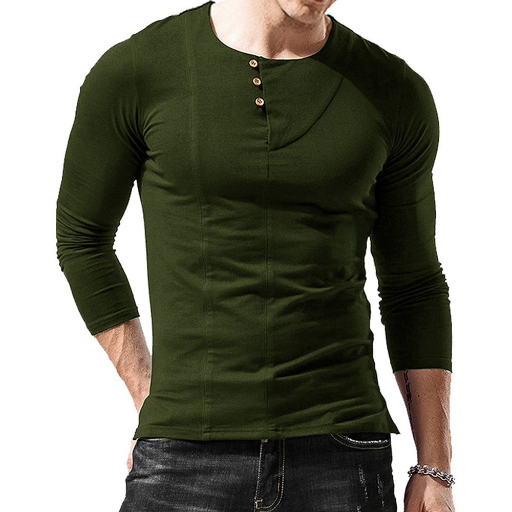 Macymars™ Men's Long Sleeve Solid Color Round Neck Button T-Shirt