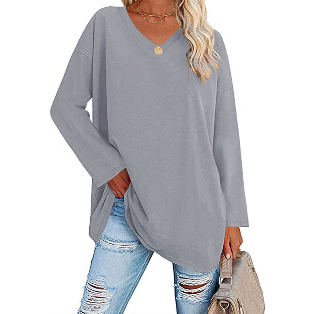 Macymars™ Women's Solid Color Fashion V-Neck Loose Long Sleeve T-Shirt