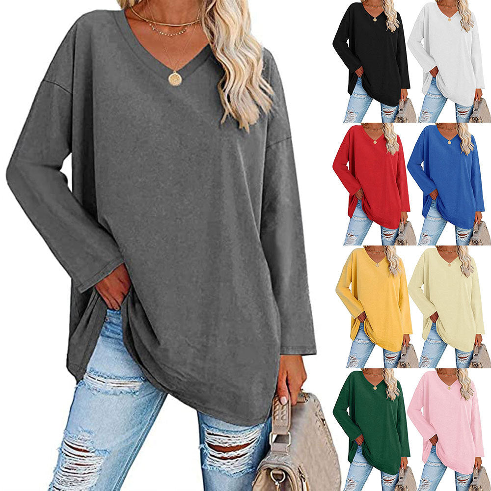 Macymars™ Women's Solid Color Fashion V-Neck Loose Long Sleeve T-Shirt
