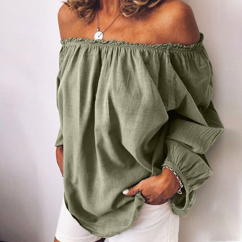 Macymars™ Flat Neck Elastic Pleated Sweet Cotton Linen Solid Long Sleeve Women's Shirt