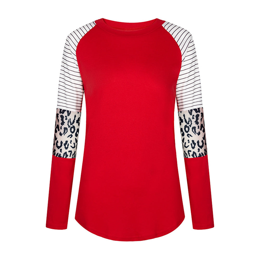 Macymars™ Striped Plunge Sleeve Leopard Print Long Sleeve T-shirt