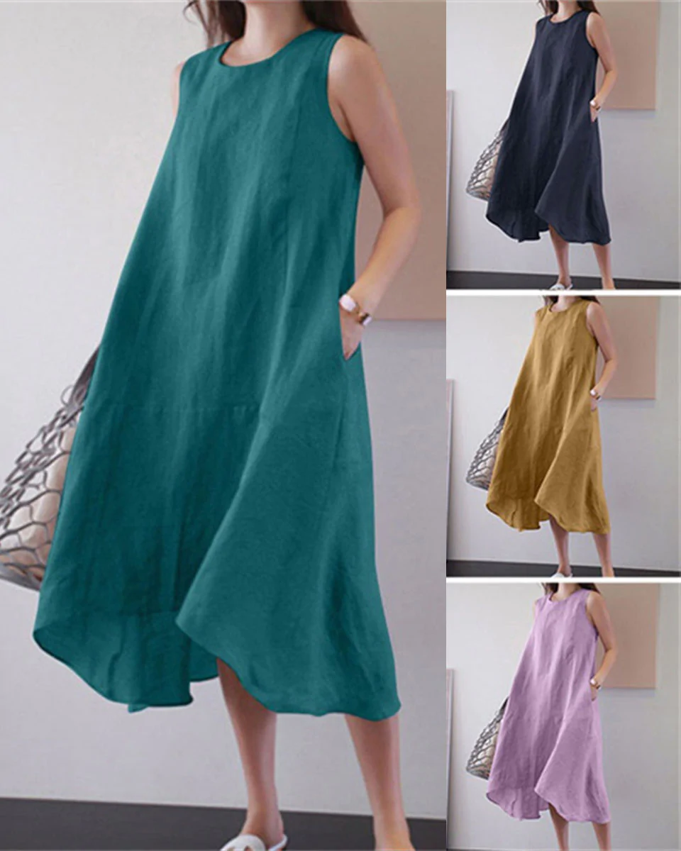 Macymars™ Round Neck Sleeveless Cotton And Linen Vest Dress