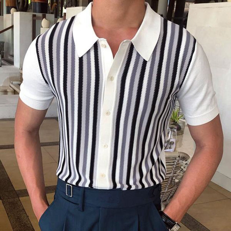 Macymars™ Simple Fashion White Striped Knitted Men's Bowling Shirt