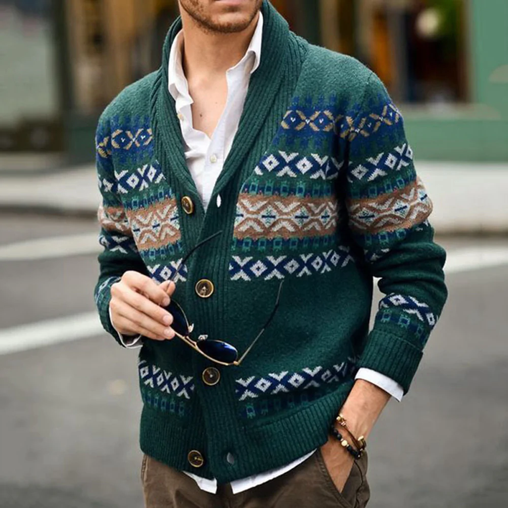 Macymars™ Men's Jacquard Lapel Knit Sweater Cardigan