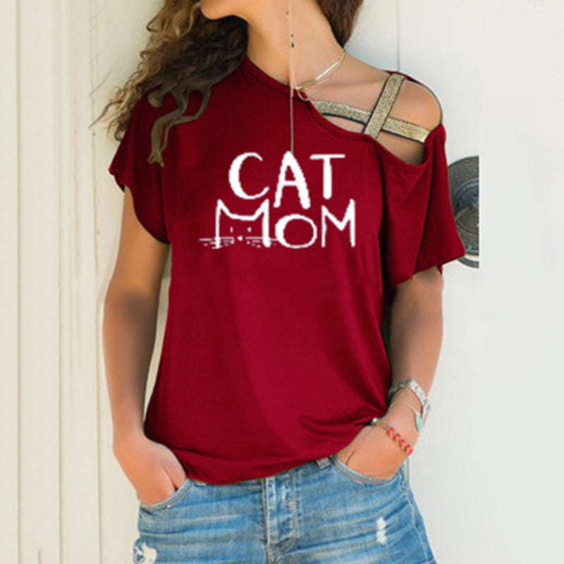 Macymars™ Spring And Summer Cat Mom Print Casual Slanted Shoulder Cross Irregular Short Sleeve Women's T-Shirt