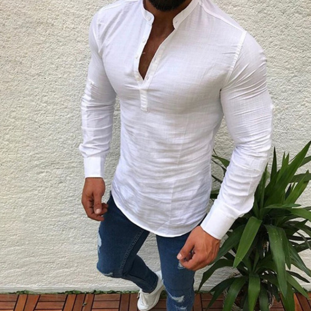 Macymars™ Men's Casual Linen Solid Color Stand Collar Long Sleeve Shirt