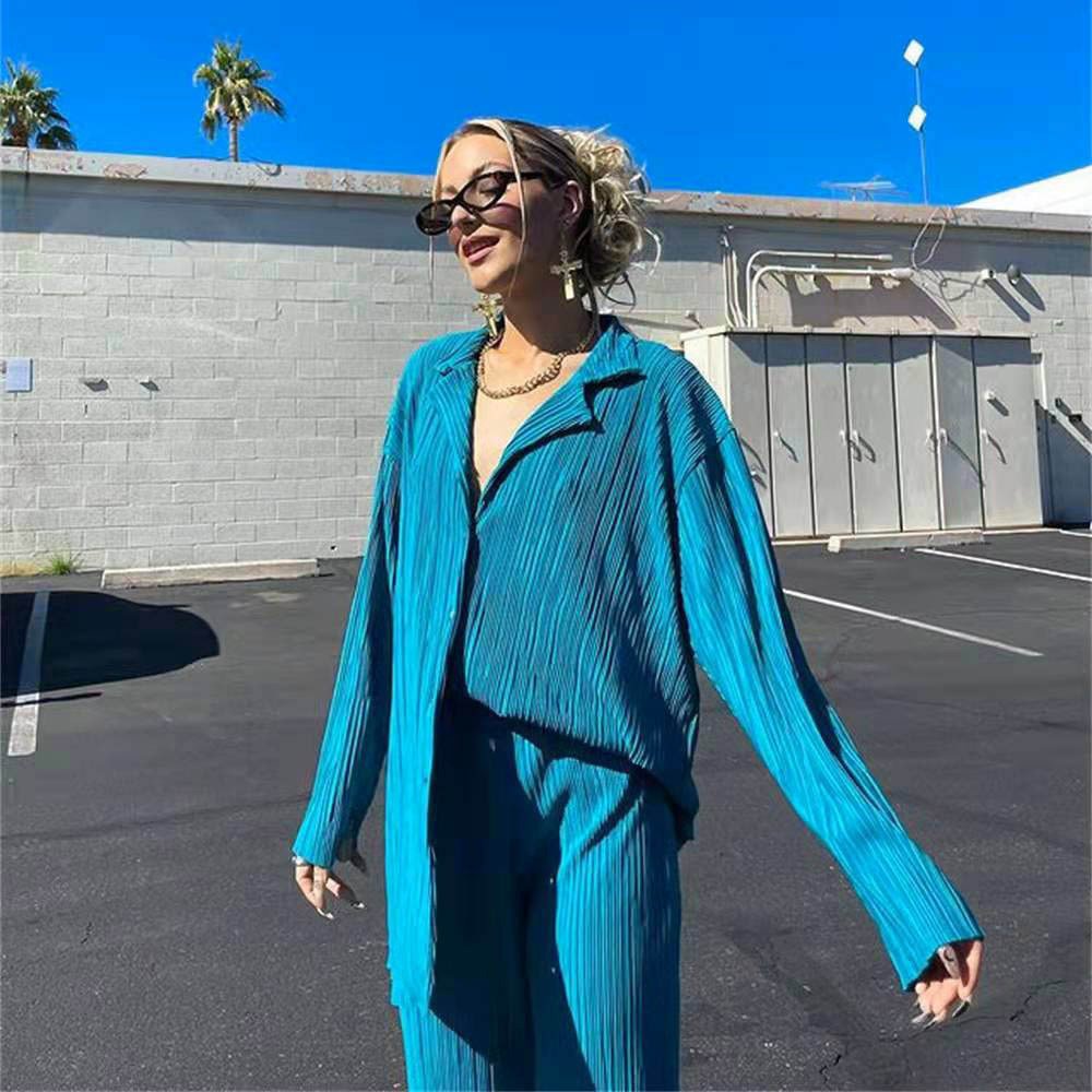 Macymars™ Women Clothing Retro Casual Fashion Fashion Suit 2022 Long Sleeve Loose-Fitting Pleated Wide Leg Pants Two-Piece Set