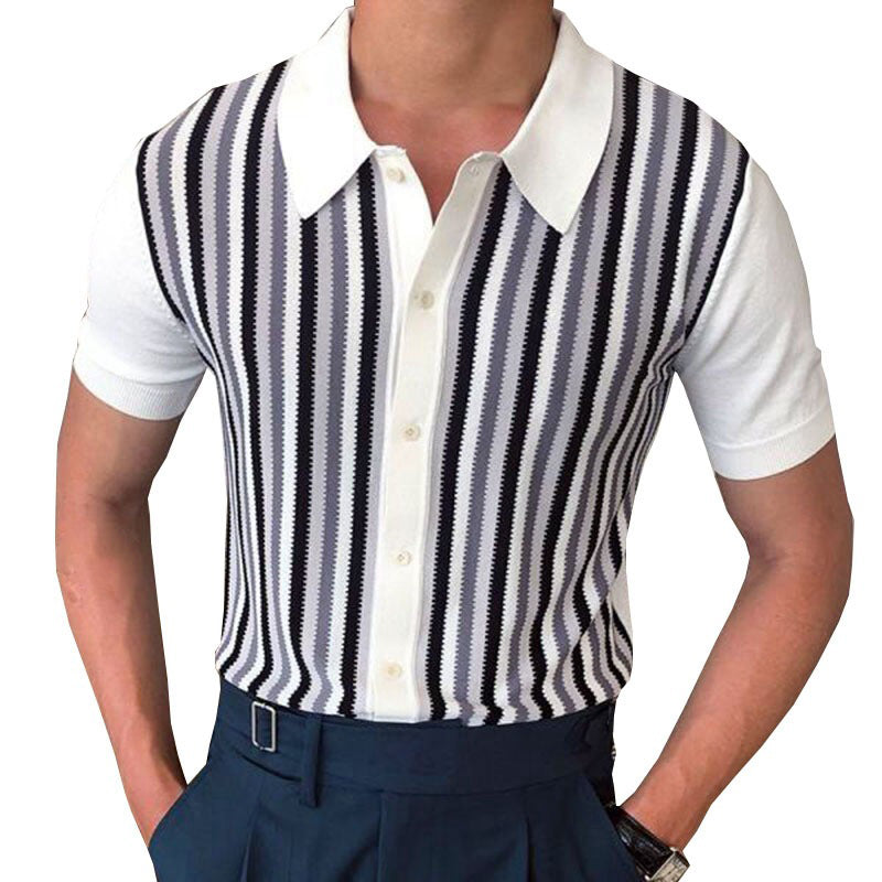 Macymars™ Simple Fashion White Striped Knitted Men's Bowling Shirt