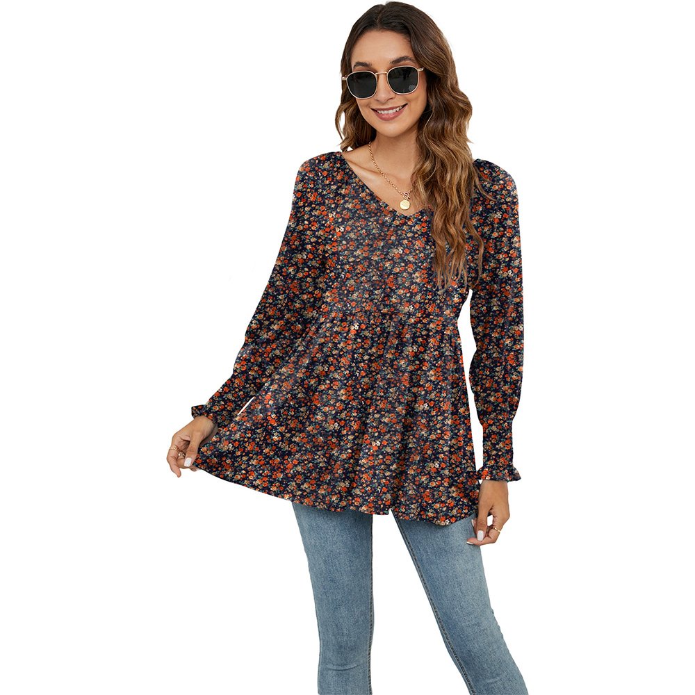 Macymars™ Women Swing Hem Long Sleeve Tops Bohemian Work Floral Print Pullover V Neck Tunic Blouse