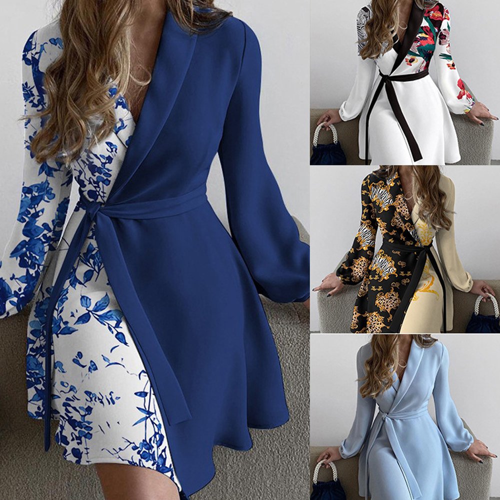 Macymars™ Women's Fashion V-neck Casual Slit Printing Splicing Long Sleeve Belt Dress