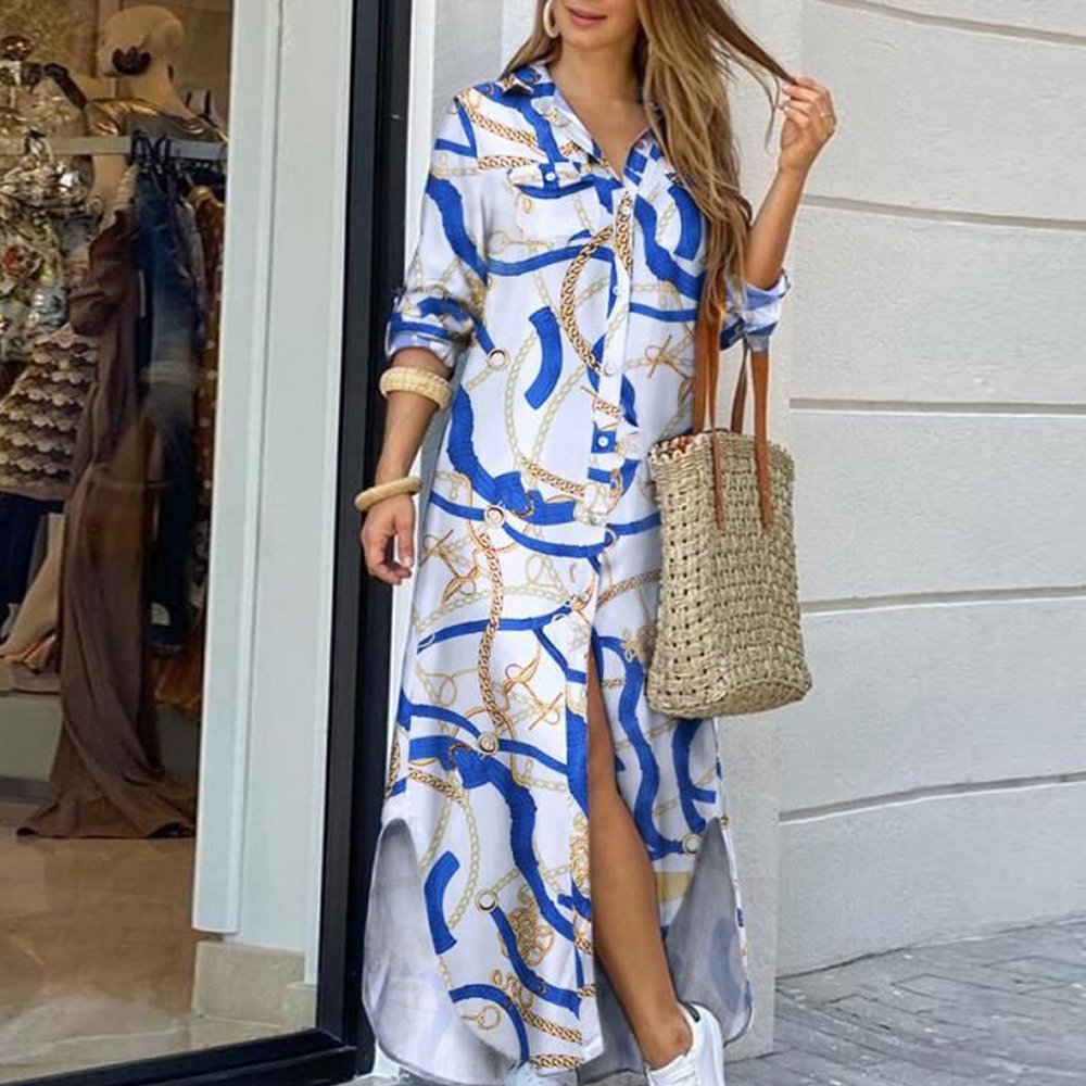 Macymars™ Fashion Buttoned Slit Shirt Party Casual Loose Long Sleeve Dresses