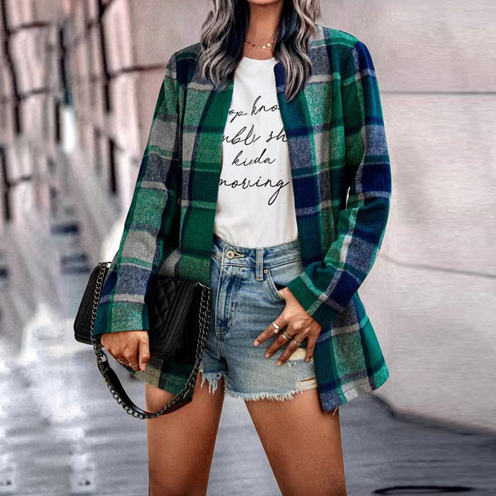 Macymars™ New Autumn Winter Women Warm Woolen Plaid Coat Office Lady Long Sleeve Shirt Cardigan