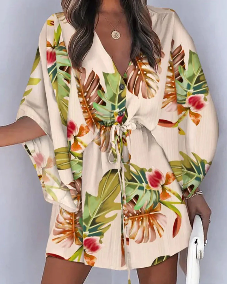 Macymars™ Printed V-Neck Bat Sleeve Button Drawstring Dress 2022 New