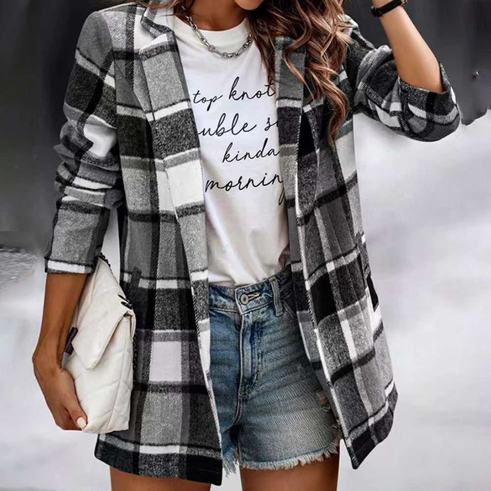 Macymars™ New Autumn Winter Women Warm Woolen Plaid Coat Office Lady Long Sleeve Shirt Cardigan