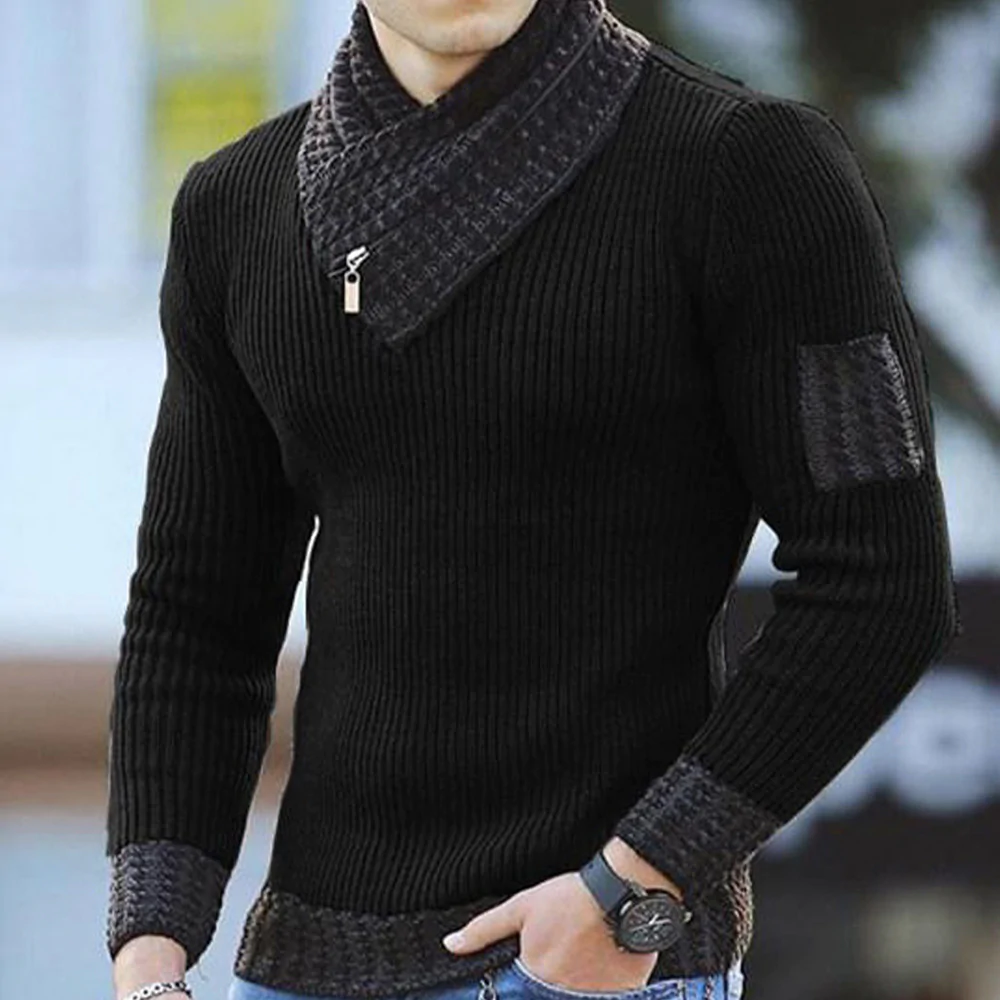 Macymars™ Men Scarf Neck Zip Up Contrast Trim Knitted Sweater