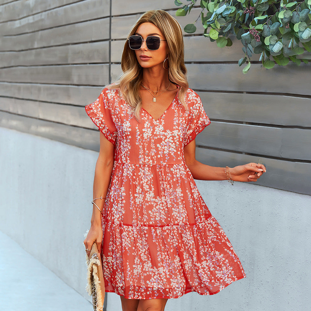 Macymars™ Summer Casual Beach V Neck A Line Loose Waist Chiffon Small Floral Bohemian Short Dress