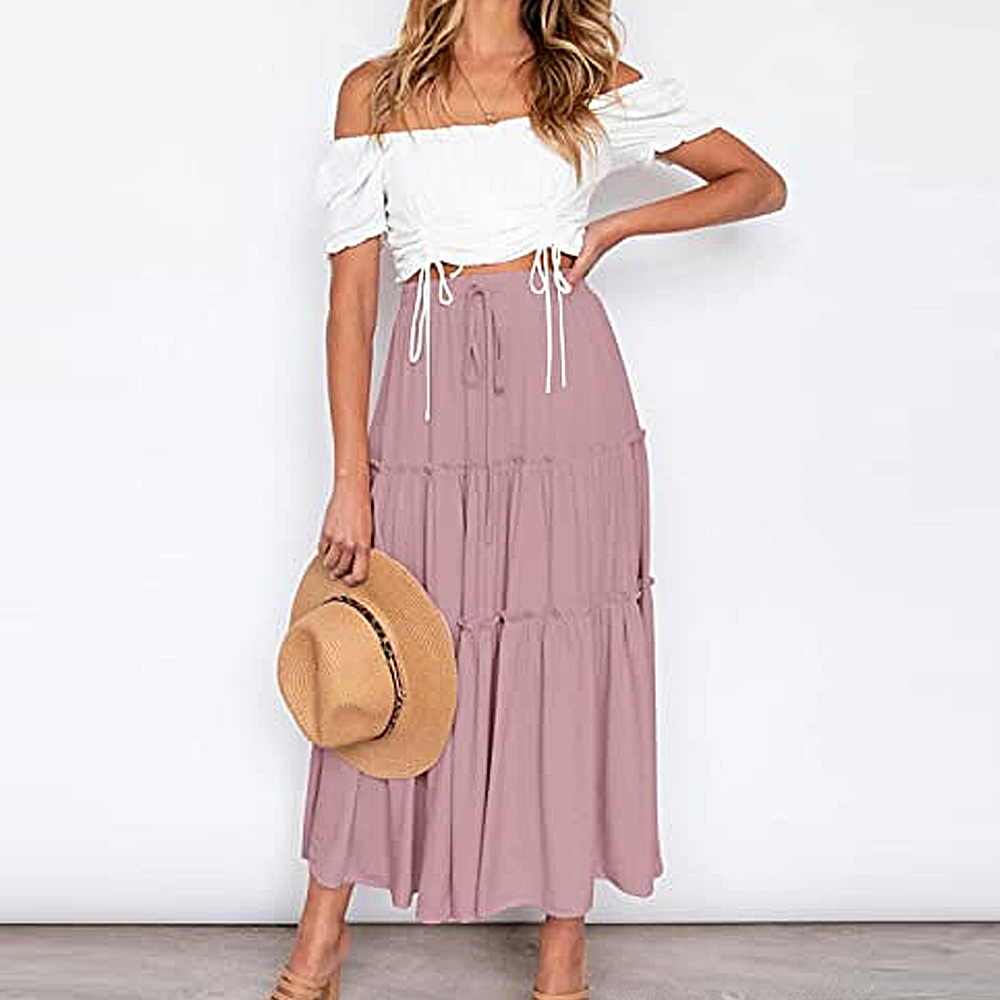 Macymars™ 2022 Summer Bohemian Elastic High Waist A Line Midi Skirt Casual Ruffle Long Skirt for Women