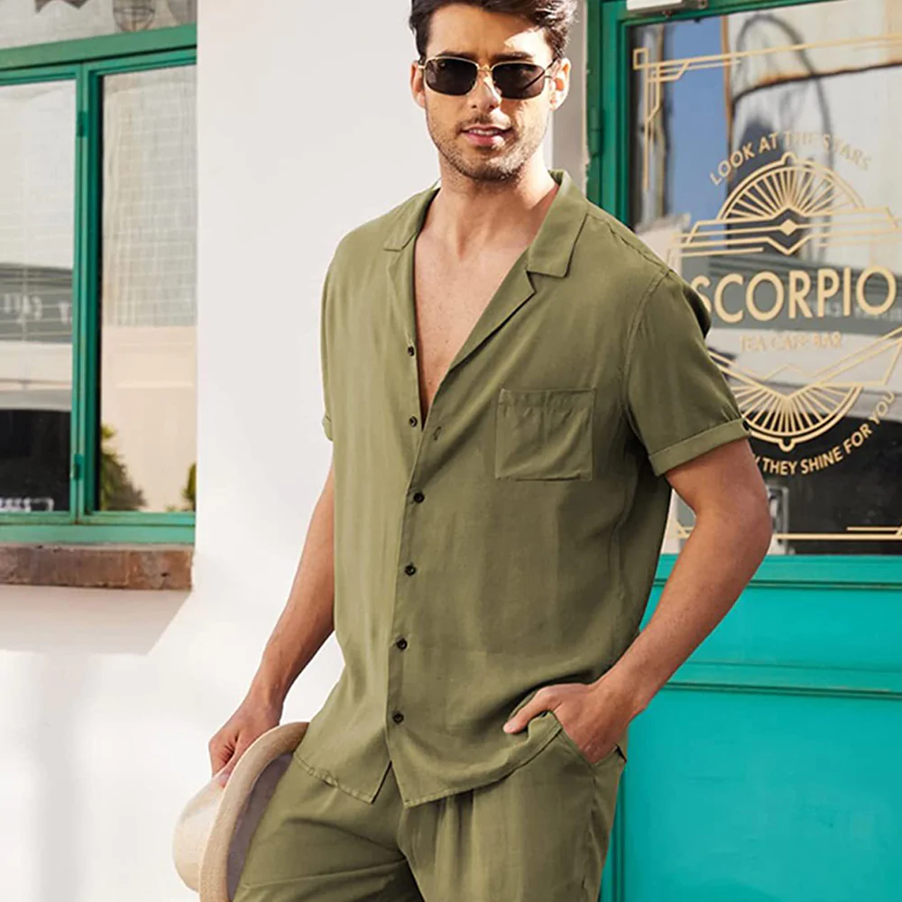 Macymars™ Mens Summer Linen Short Sleeve Shirt Shorts Suit
