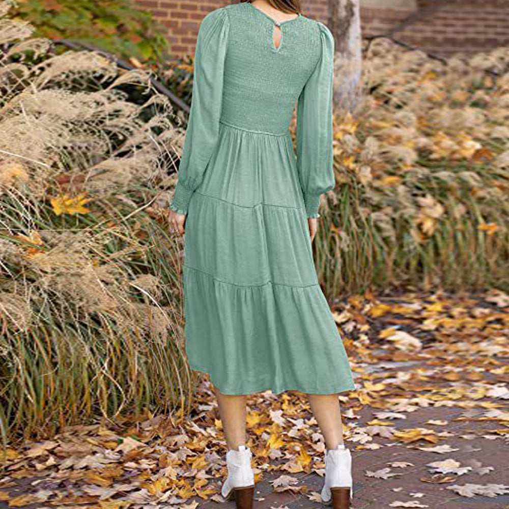 Macymars™ Women's Pleated Long Sleeve Round Neck Dress