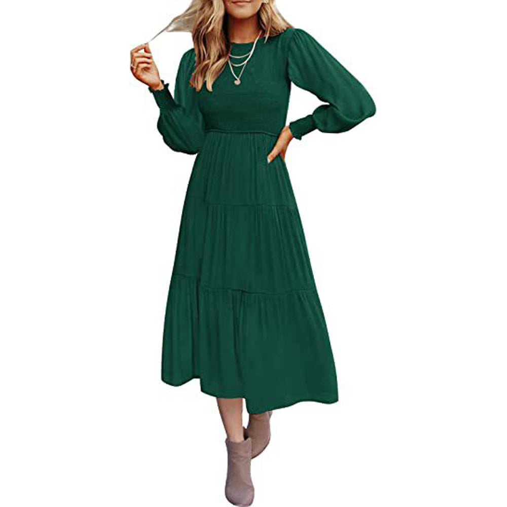 Macymars™ Women's Pleated Long Sleeve Round Neck Dress