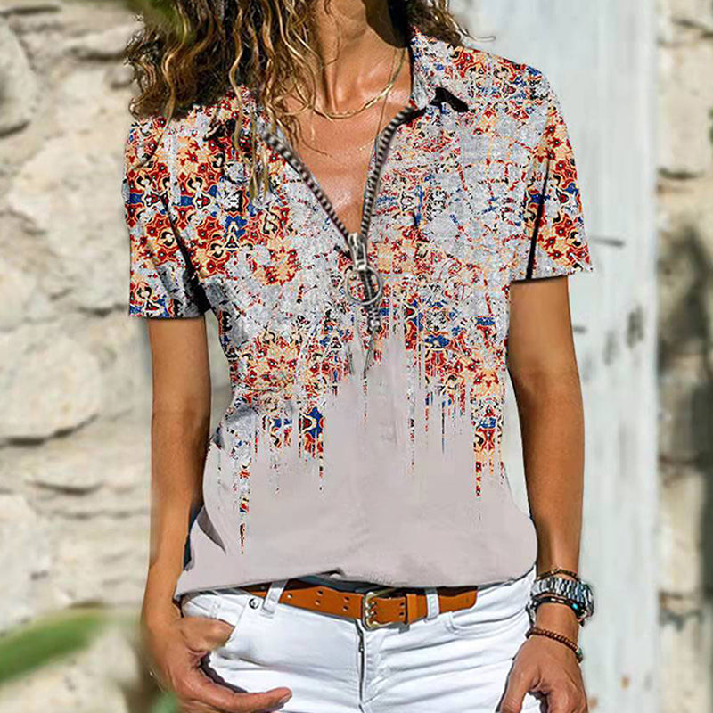 Macymars™ Spring And Summer Bohemian Ethnic Zip Short Sleeve Women's T-Shirt