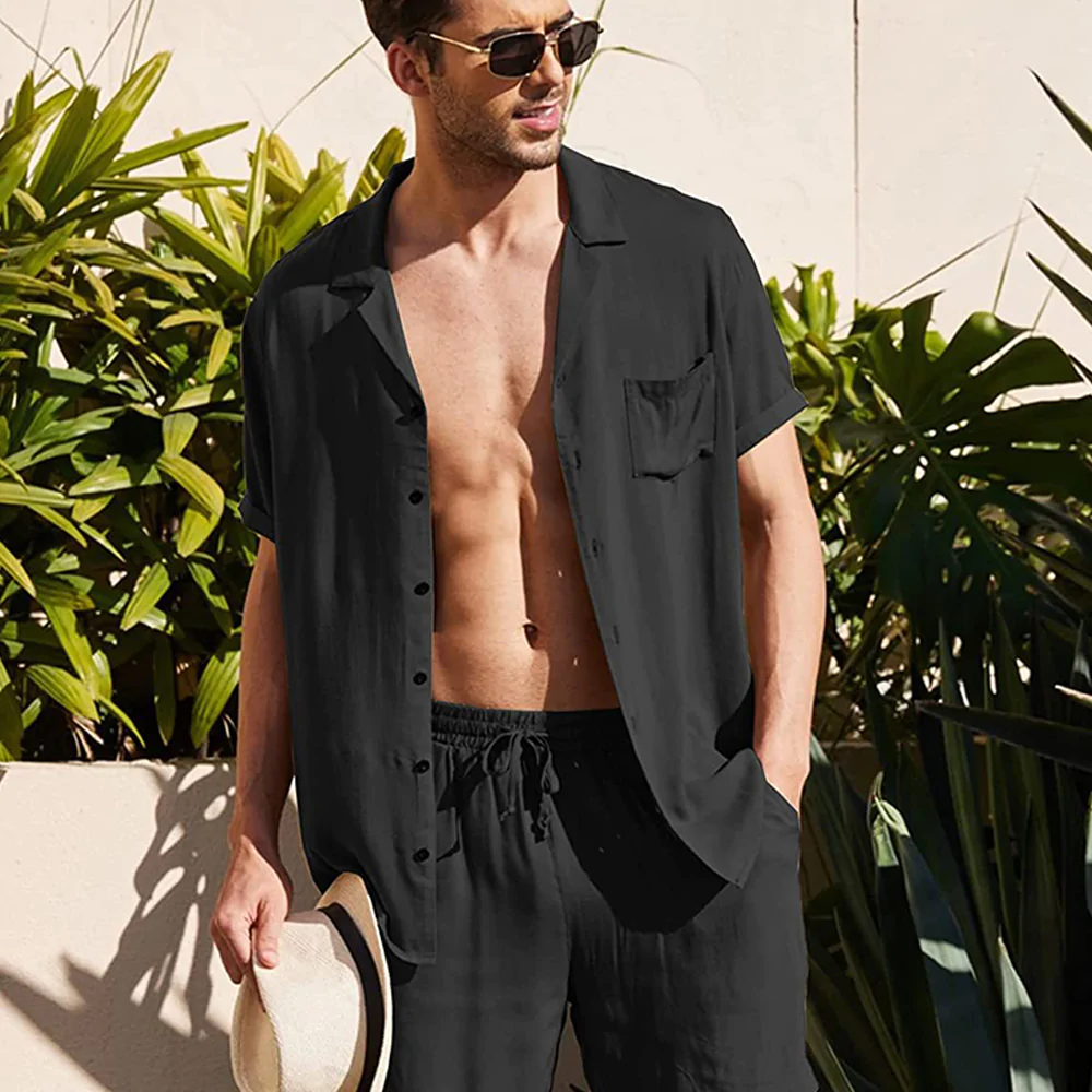 Macymars™ Mens Summer Linen Short Sleeve Shirt Shorts Suit