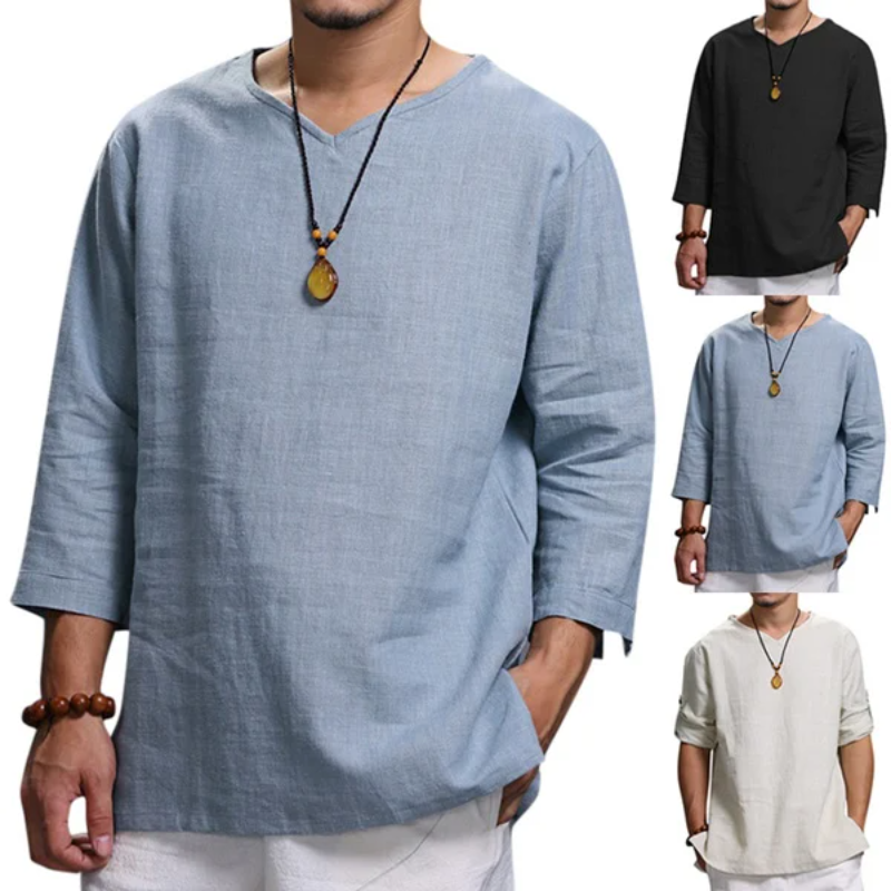 Macymars™ Men's 3/4 Sleeve Loose V-Neck Breathable Cotton Linen Casual Shirts