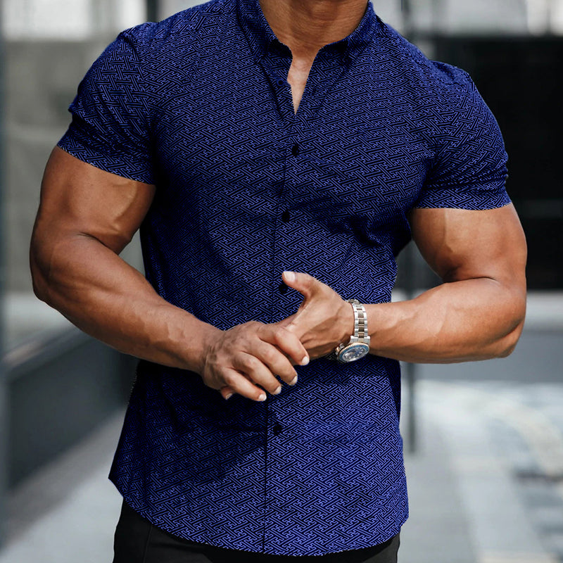 Macymars™ Casual Plus Size Navy Blue Digital Print Men's Bowling Shirt