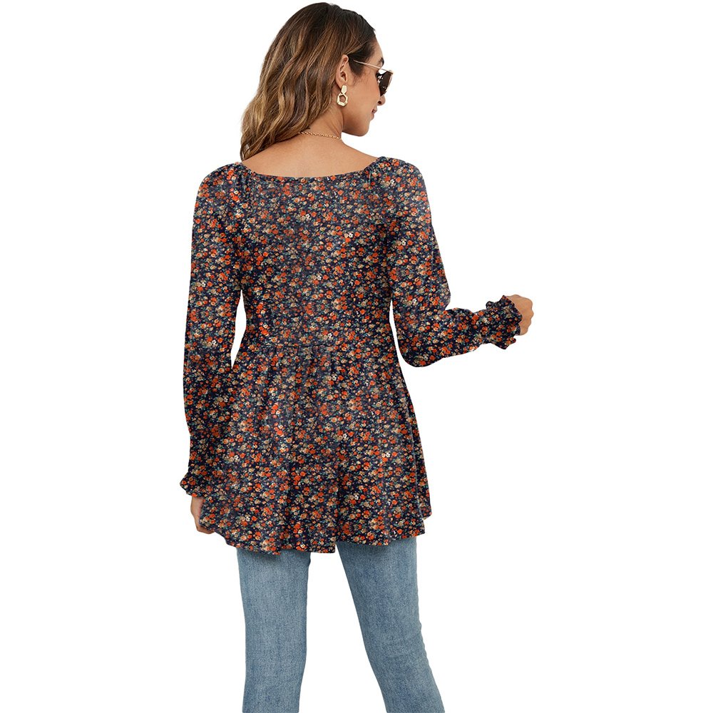 Macymars™ Women Swing Hem Long Sleeve Tops Bohemian Work Floral Print Pullover V Neck Tunic Blouse