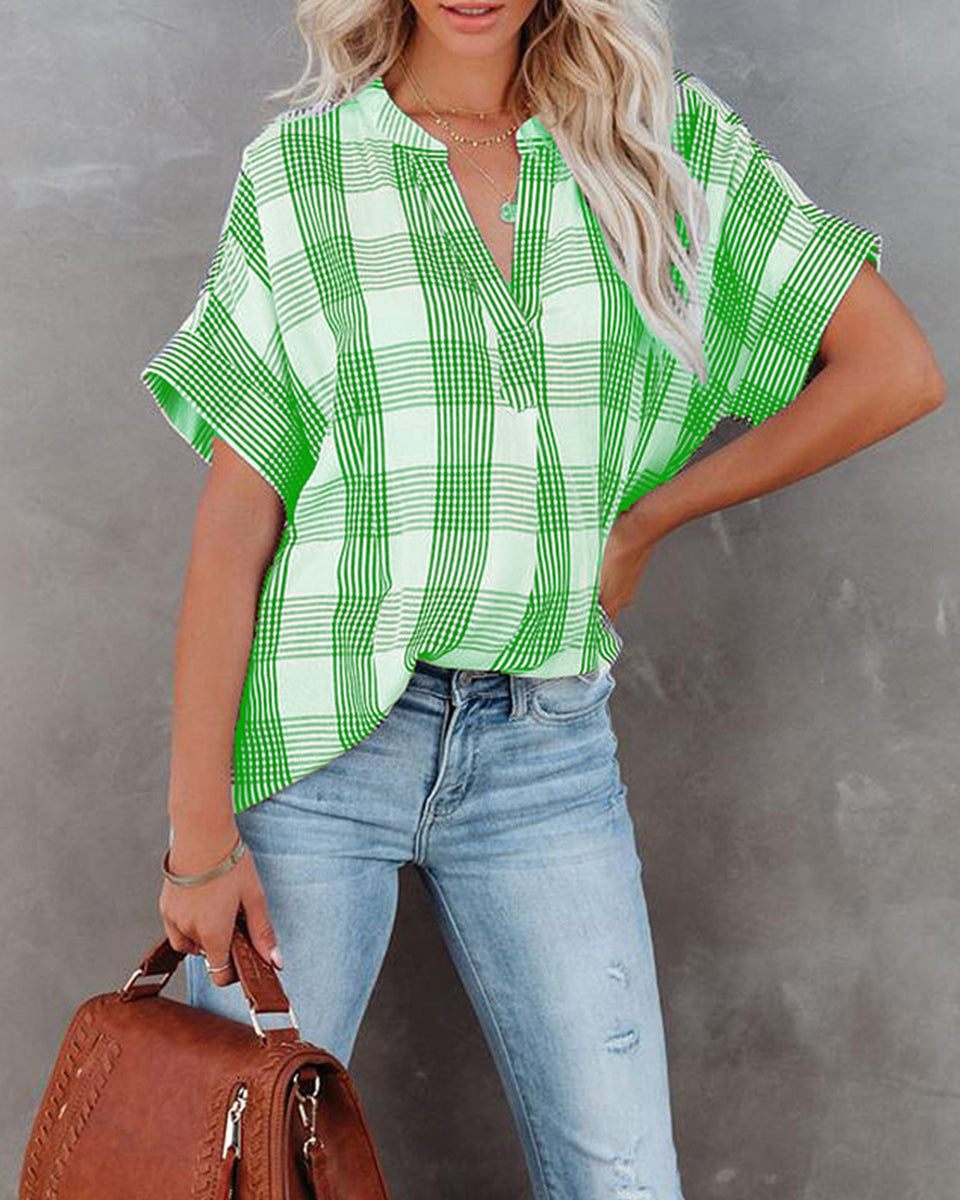 Macymars™ Women Plaid V Neck Loose Casual Basic T-Shirt