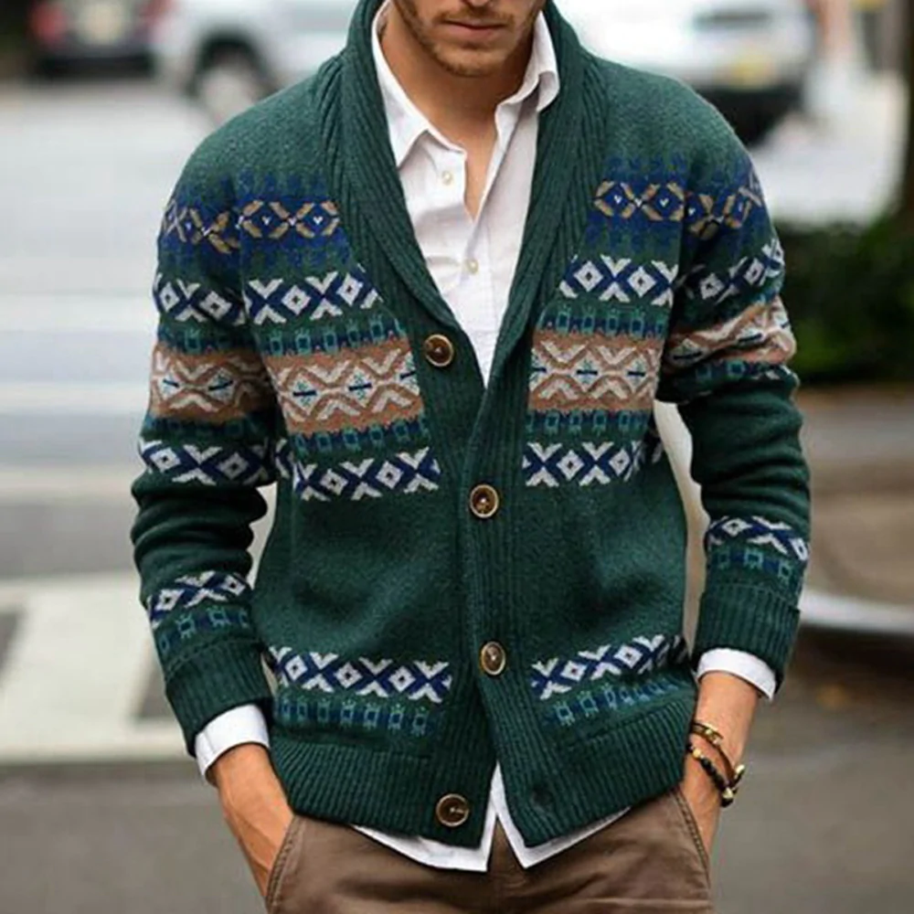 Macymars™ Men's Jacquard Lapel Knit Sweater Cardigan