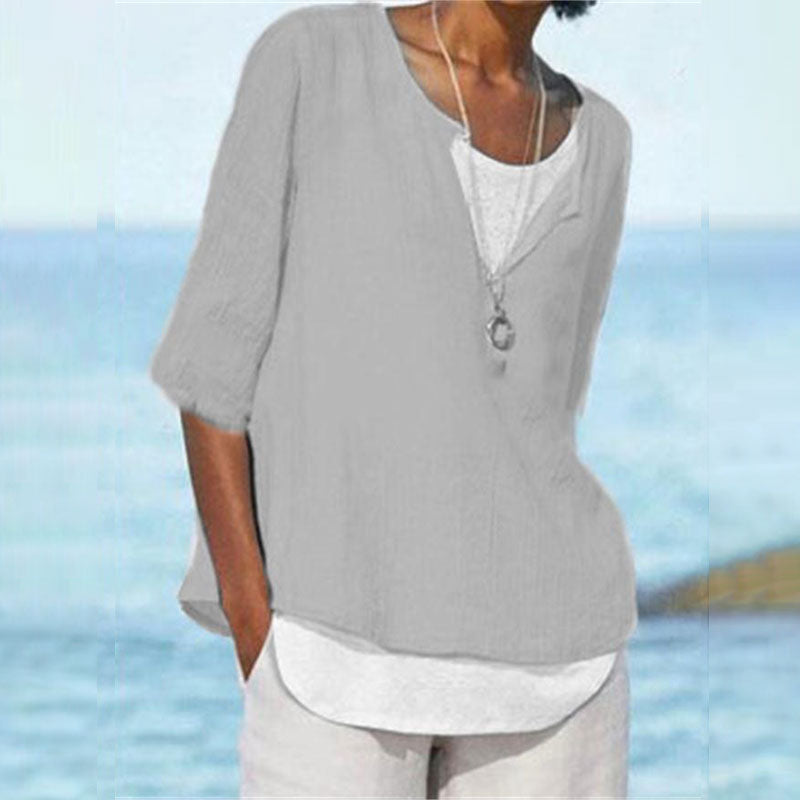 Macymars™ Fashion V Neck Solid Color Cotton And Linen Casual Women's Shirt