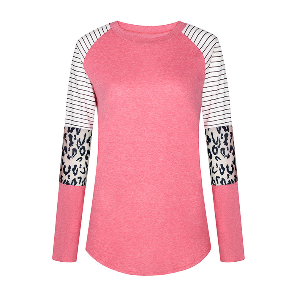 Macymars™ Striped Plunge Sleeve Leopard Print Long Sleeve T-shirt