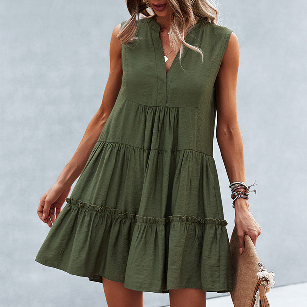 Macymars™ 2022 Summer Beach Casual V Neck A Line Sleeveless Ruffles Short Dress for Women