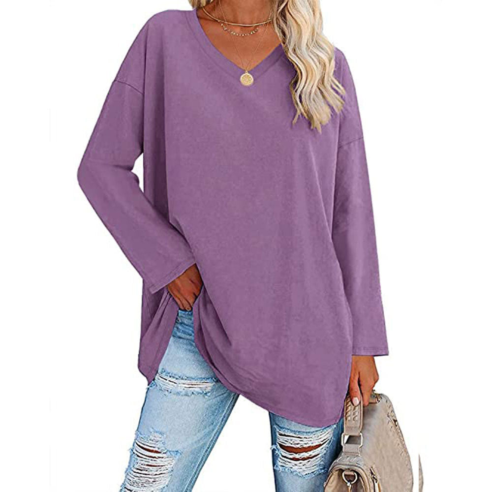 Macymars™ Women's Solid Color Fashion V-Neck Loose Long Sleeve T-Shirt