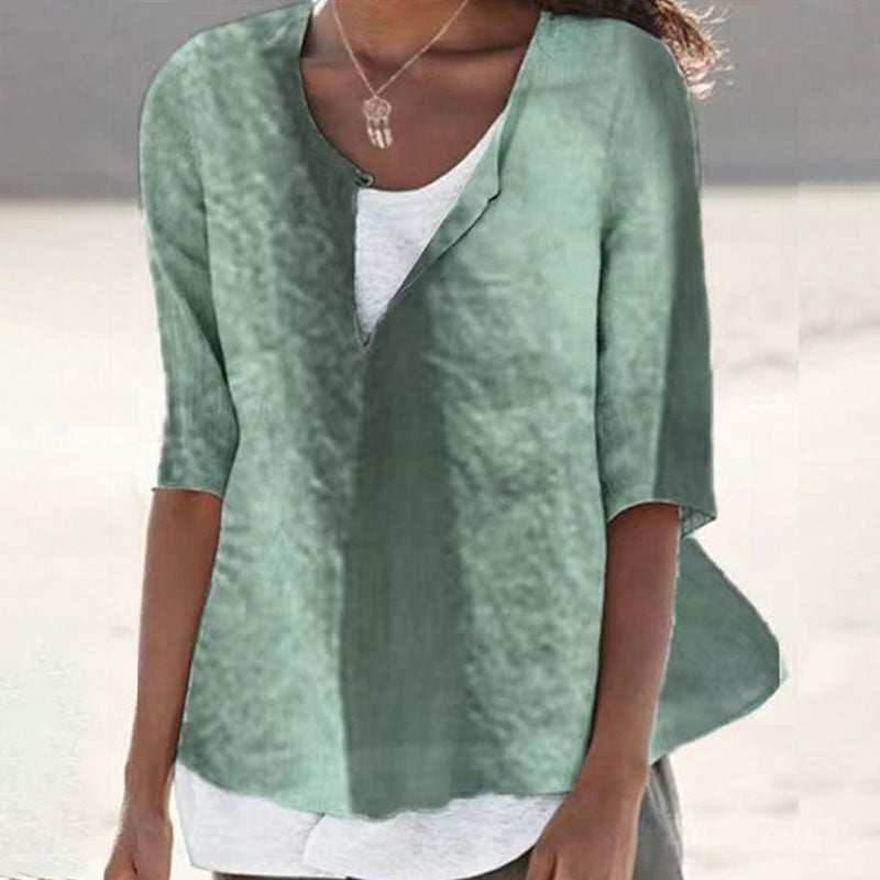 Macymars™ Fashion V Neck Solid Color Cotton And Linen Casual Women's Shirt