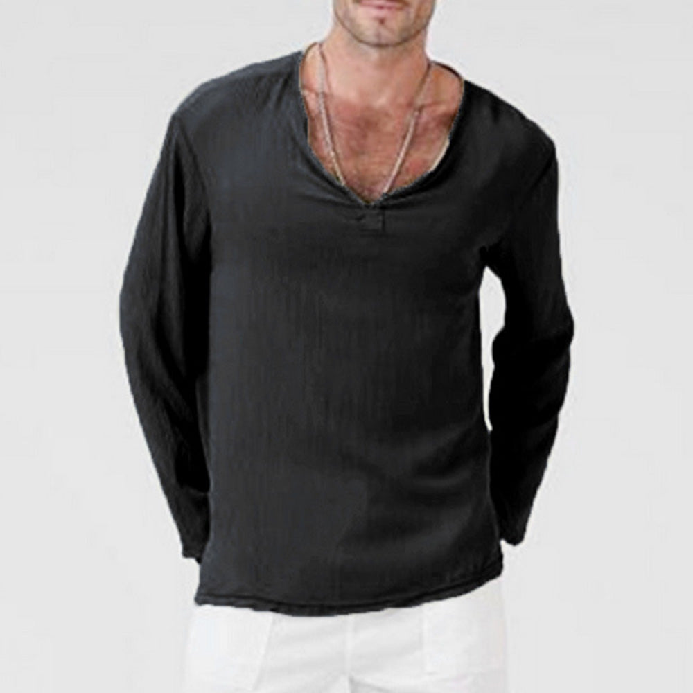 Macymars™ Men's Solid Color Linen V-Neck Long Sleeve T-Shirt