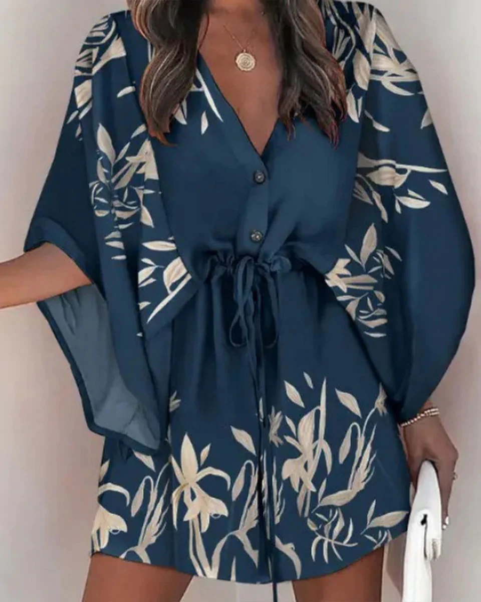 Macymars™ Printed V-Neck Bat Sleeve Button Drawstring Dress 2022 New