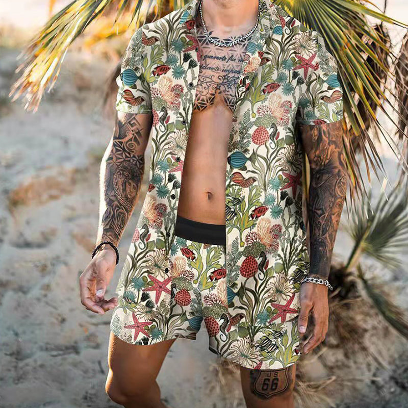 Macymars™ Summer Men's Casual Suit Hawaiian Shirt + Beach Shorts Retro Print 2 Piece Suit Oversized Beach Surf