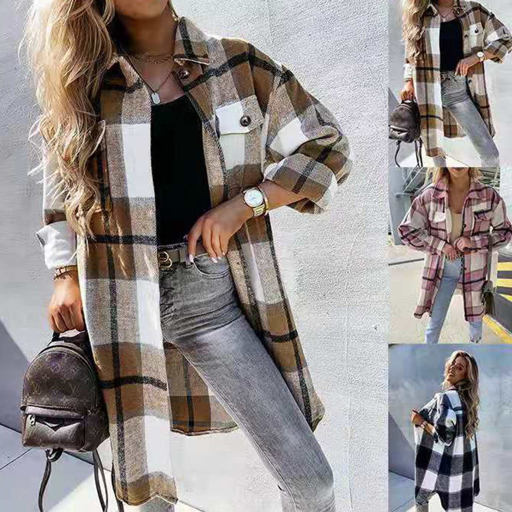 Macymars™ Women's Fashion Long Plaid Shirt Jacket