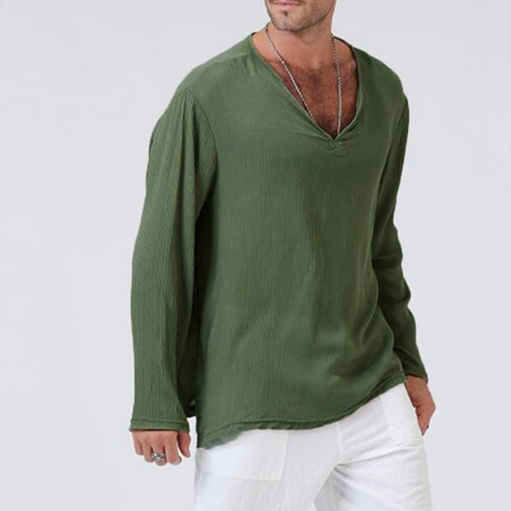 Macymars™ Men's Solid Color Linen V-Neck Long Sleeve T-Shirt