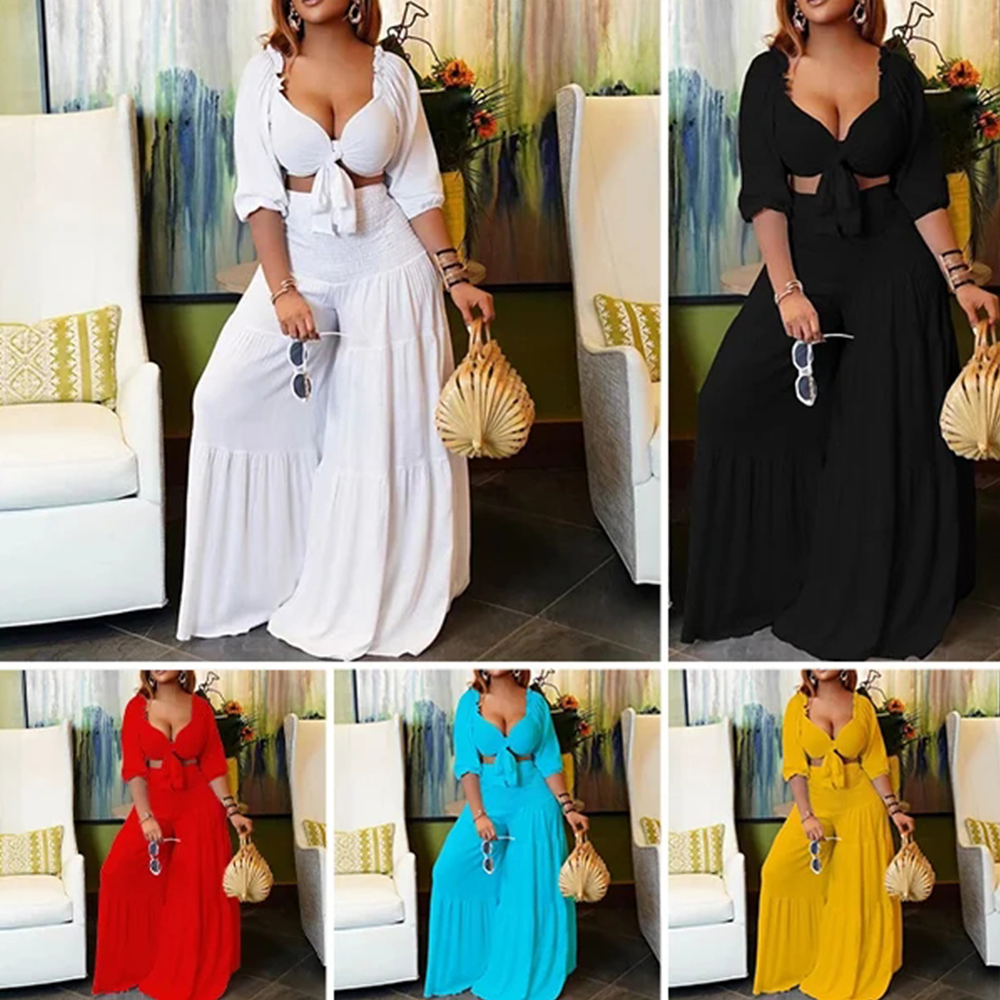 Macymars™ Fashion Casual Sexy Elastic Wide Leg Pants Set Pleated Solid Color Two Piece