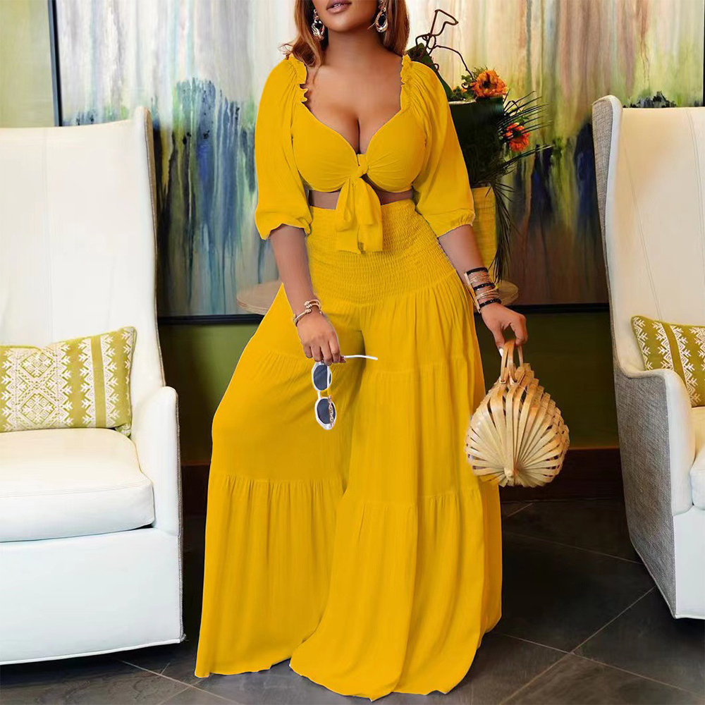 Macymars™ Fashion Casual Sexy Elastic Wide Leg Pants Set Pleated Solid Color Two Piece