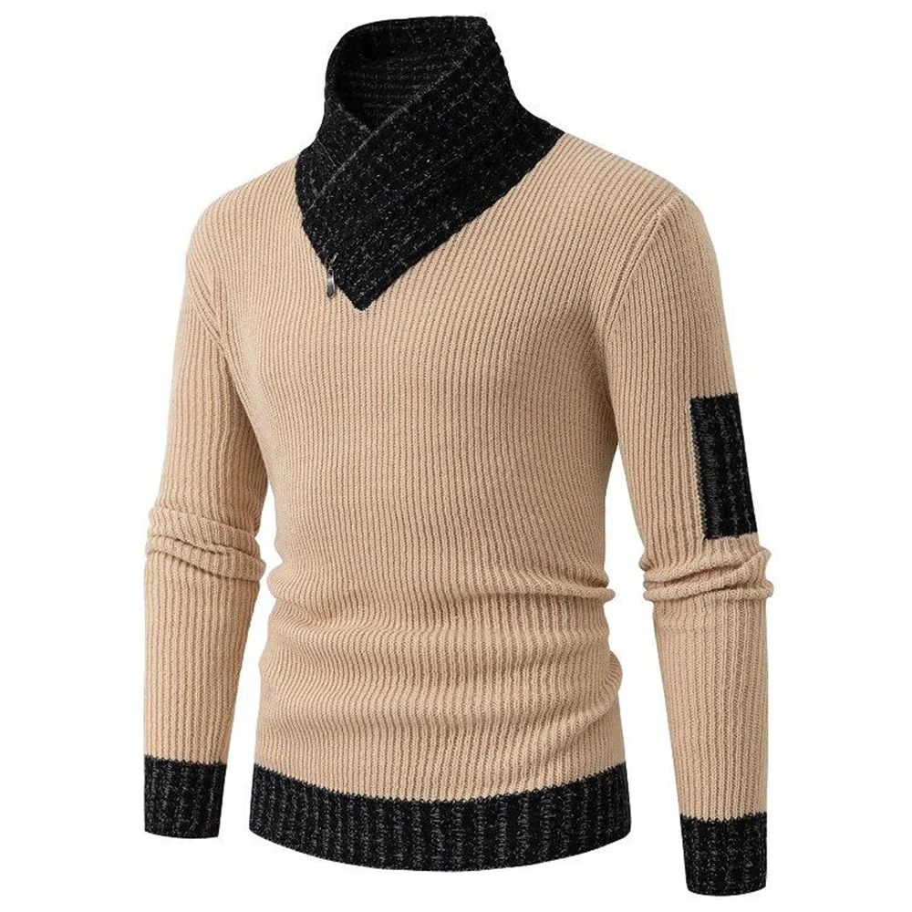 Macymars™ Men Scarf Neck Zip Up Contrast Trim Knitted Sweater